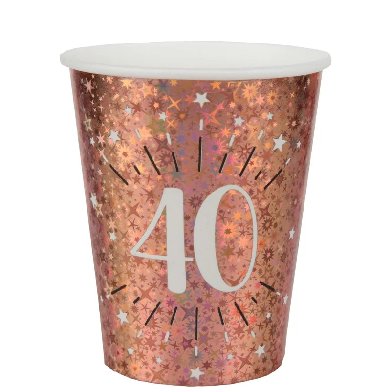 Rose Gold 40th Birthday Party Paper Cups, 9 Oz, 10 Count