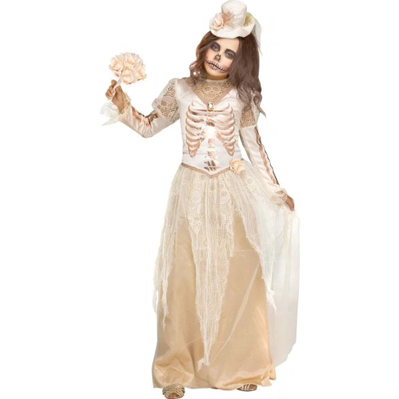 Victorian Skeleton Bride Costume for Kids, White Gown
