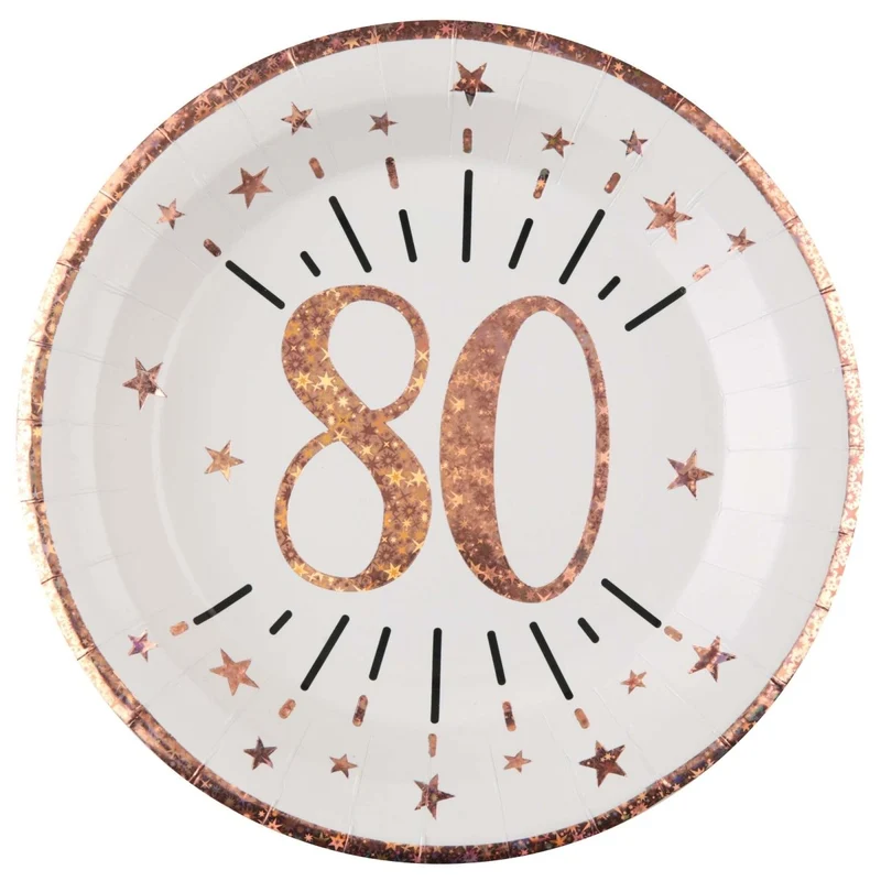 Rose Gold 80th Birthday Large Round Lunch Paper Plates, 9 Inches, 10 Count