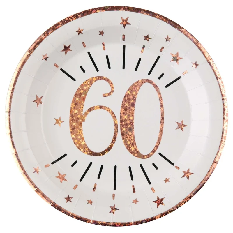 Rose Gold 60th Birthday Large Round Lunch Paper Plates, 9 Inches, 10 Count