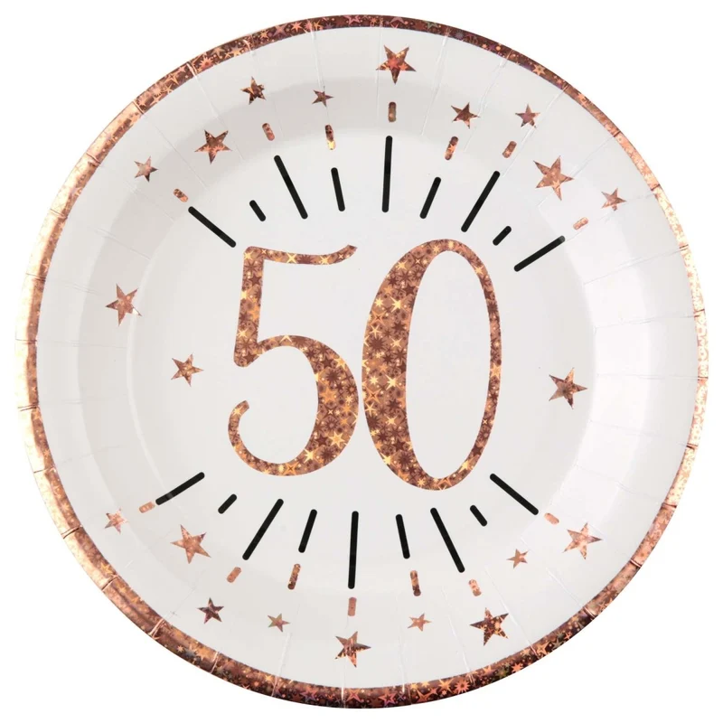 Rose Gold 50th Birthday Large Round Lunch Paper Plates, 9 Inches, 10 Count