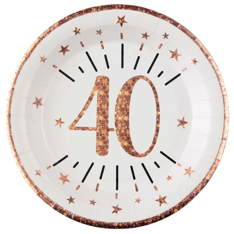 Rose Gold 40th Birthday Large Round Lunch Paper Plates, 9 Inches, 10 Count