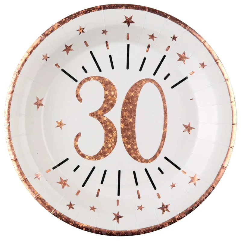 Rose Gold 30th Birthday Large Round Lunch Paper Plates, 9 Inches, 10 Count