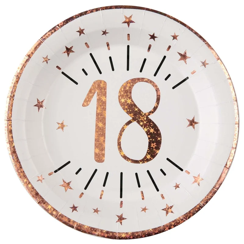 Rose Gold 18th Birthday Large Round Lunch Paper Plates, 9 Inches, 10 Count