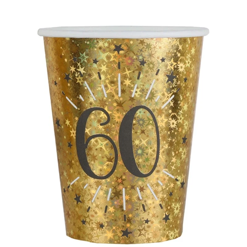Gold 60th Birthday Party Paper Cups, 9 Oz, 10 Count