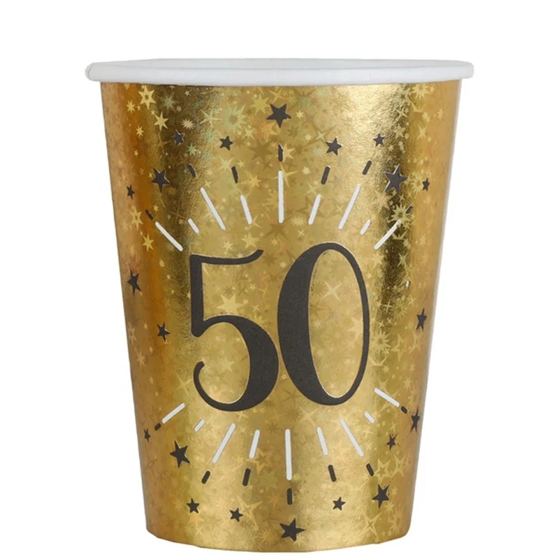 Gold 50th Birthday Party Paper Cups, 9 Oz, 10 Count