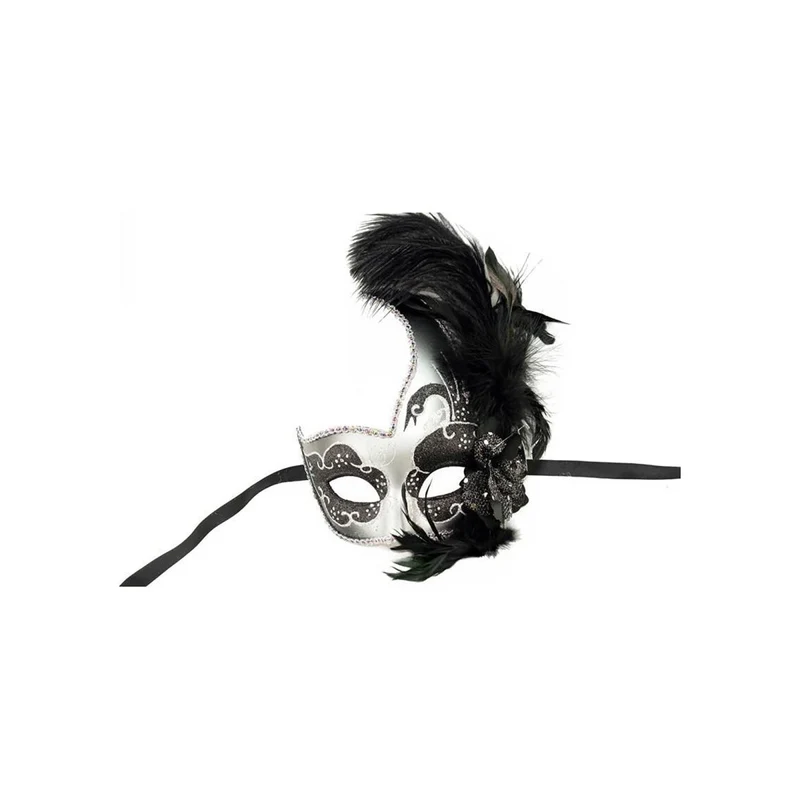 Silver and Black Venetian Mask with Side Ostrich Feather, Assortment, 1 Count