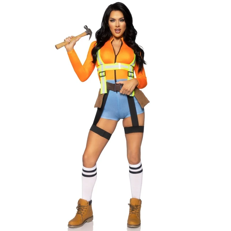 Construction Worker Sexy Costume for Adults, Romper with Tool Pockets