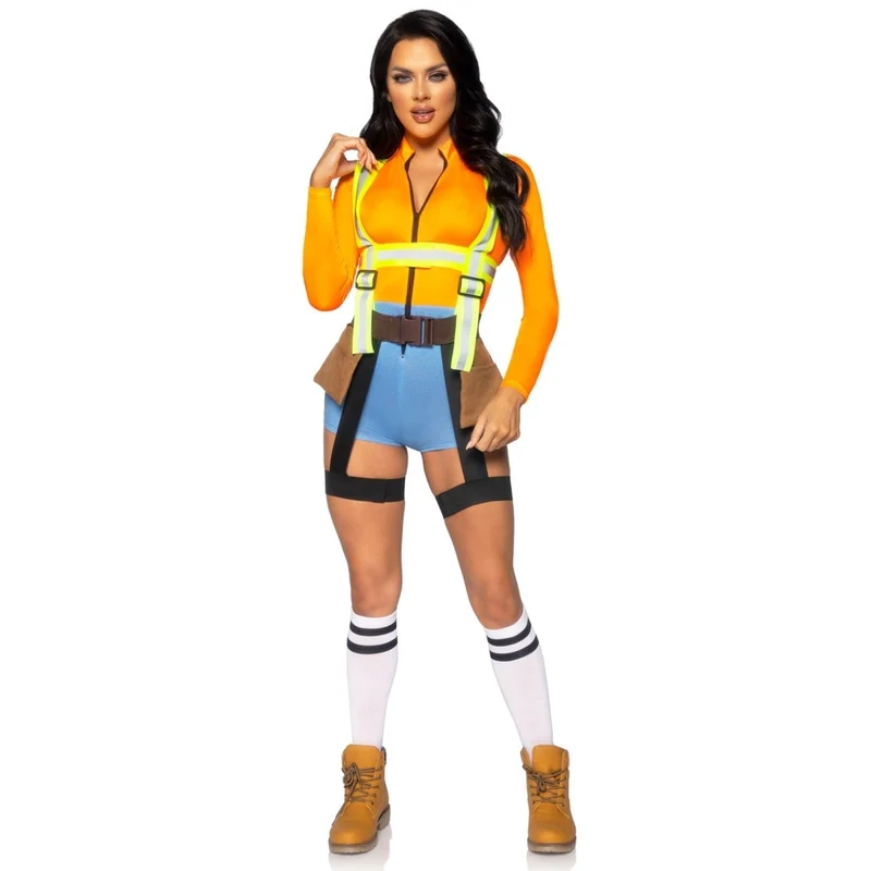 Construction Worker Sexy Costume for Adults, Romper with Tool Pockets