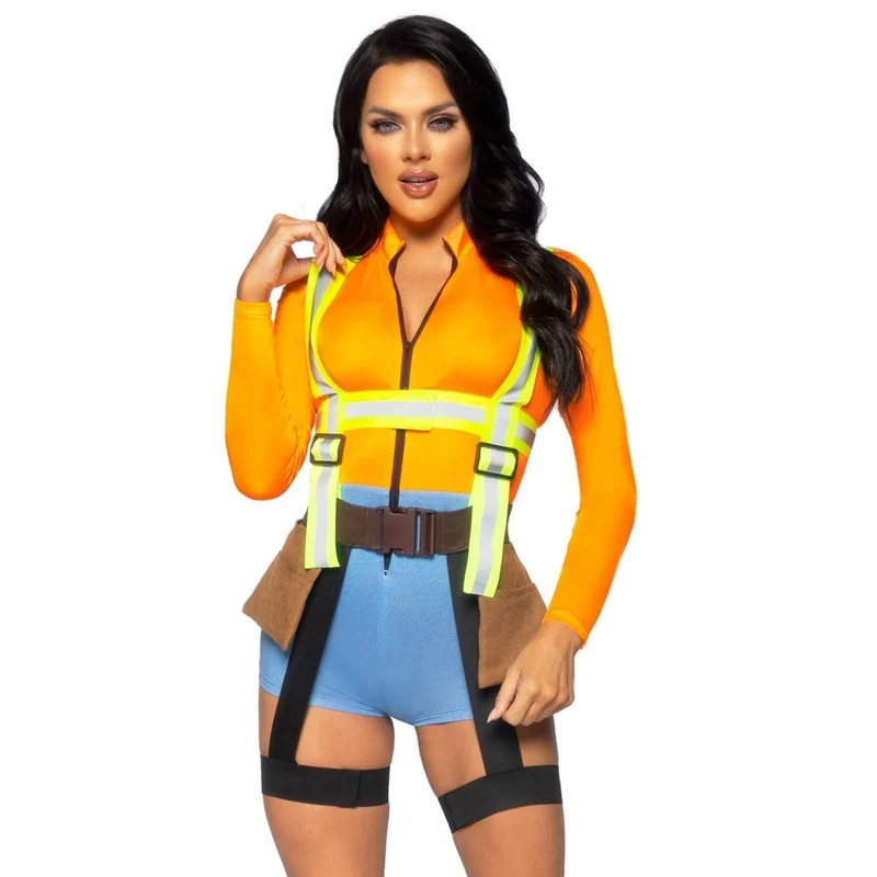 Construction Worker Sexy Costume for Adults, Romper with Tool Pockets