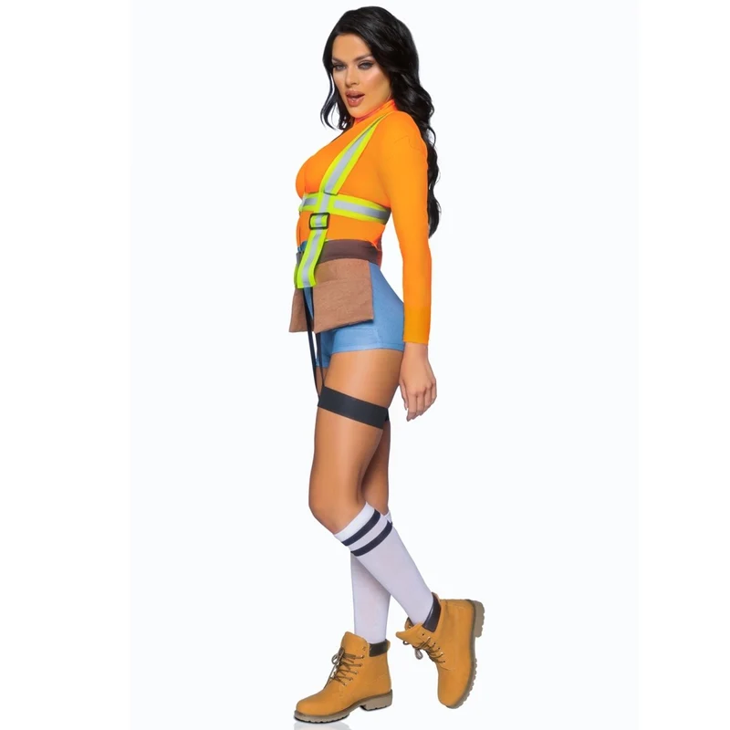 Construction Worker Sexy Costume for Adults, Romper with Tool Pockets