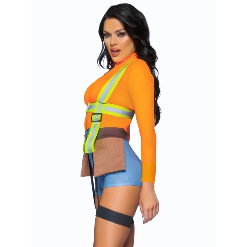 Construction Worker Sexy Costume for Adults, Romper with Tool Pockets