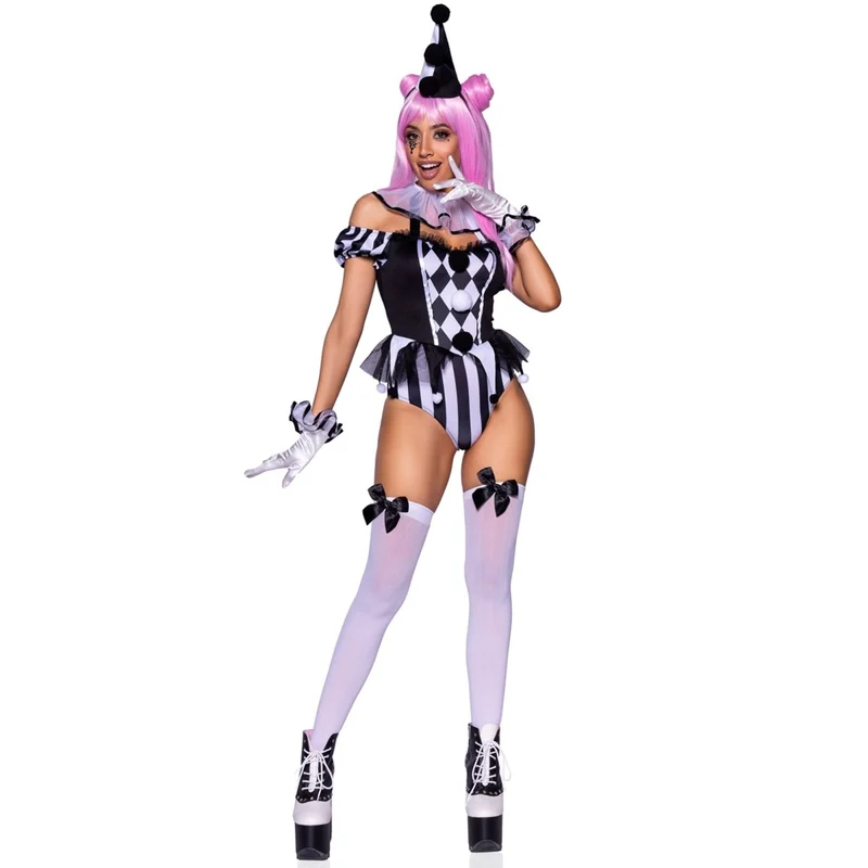 French Clown Sexy Costume for Adults, Black and White Bodysuit