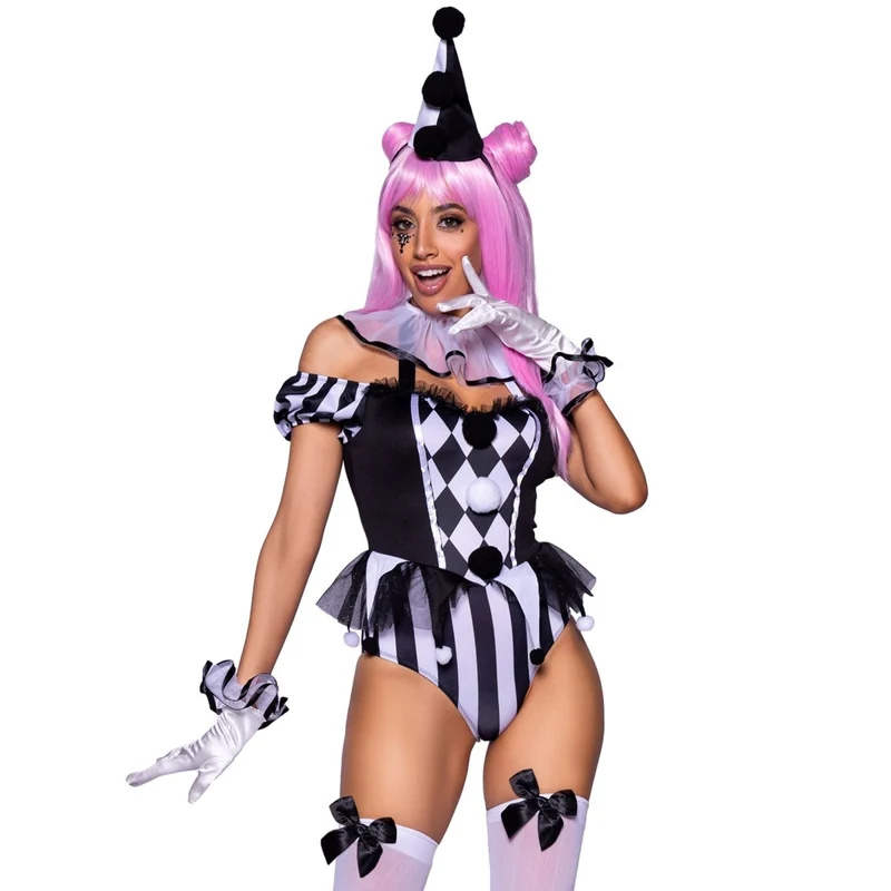 French Clown Sexy Costume for Adults, Black and White Bodysuit