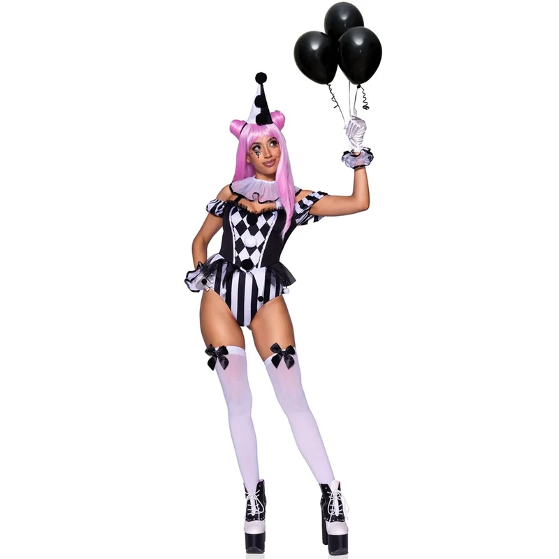 French Clown Sexy Costume for Adults, Black and White Bodysuit