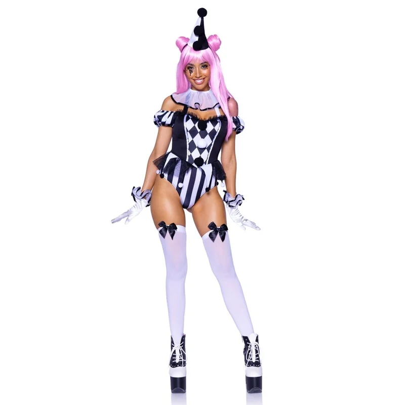 French Clown Sexy Costume for Adults, Black and White Bodysuit