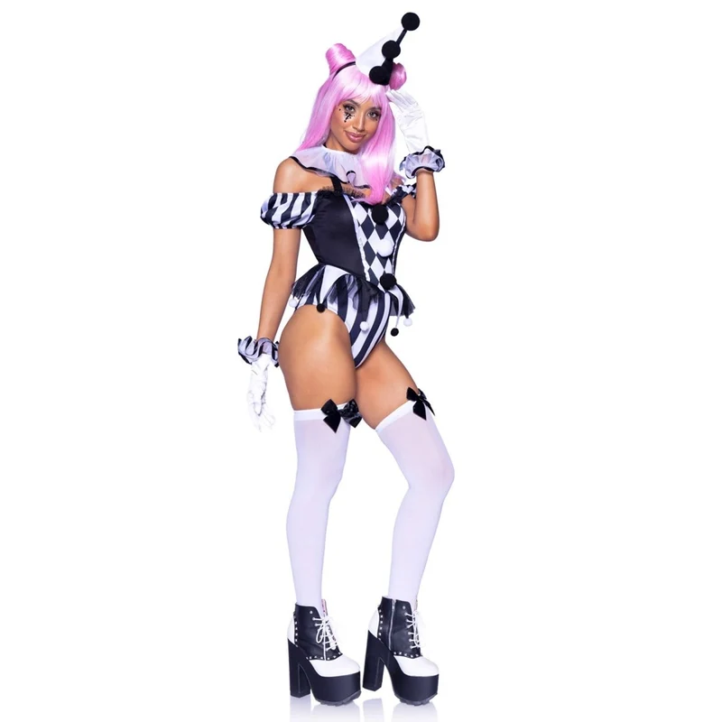 French Clown Sexy Costume for Adults, Black and White Bodysuit