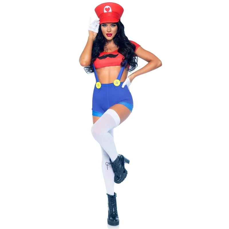 Gamer Babe Sexy Costume for Adults, Red Crop Top and Blue Short