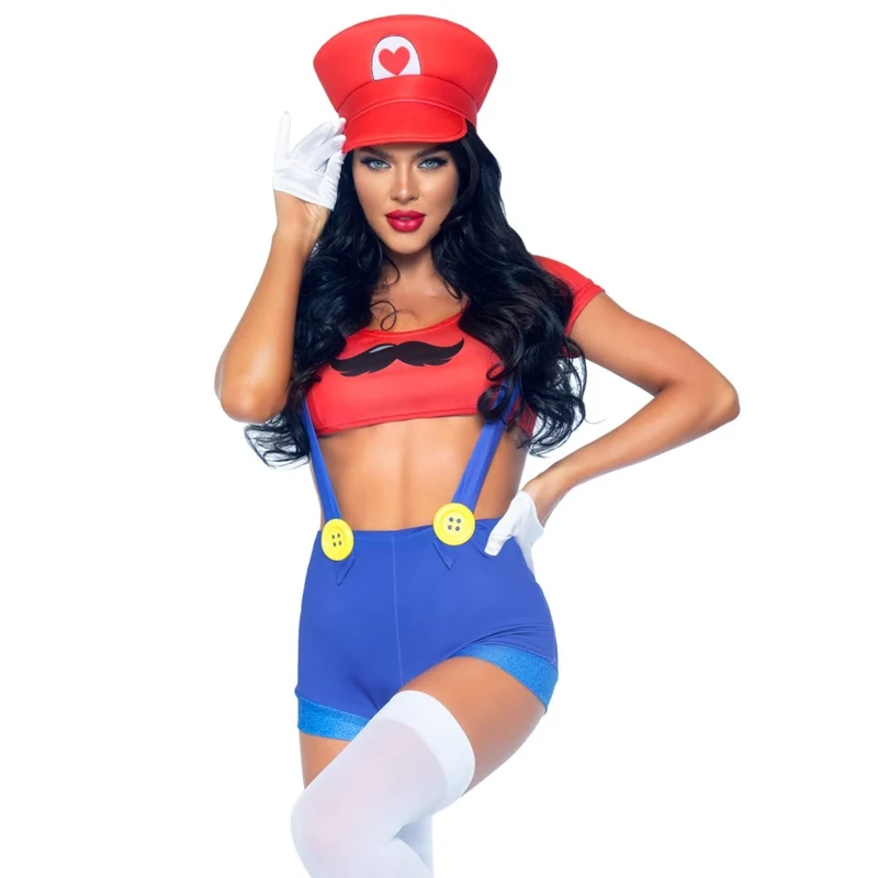 Gamer Babe Sexy Costume for Adults, Red Crop Top and Blue Short