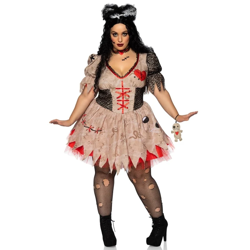 Deadly Voodoo Doll Plus Size Costume for Adults, Printed Dress with Netting