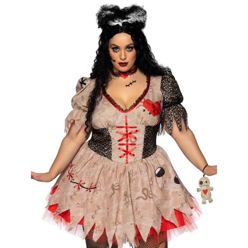 Deadly Voodoo Doll Plus Size Costume for Adults, Printed Dress with Netting