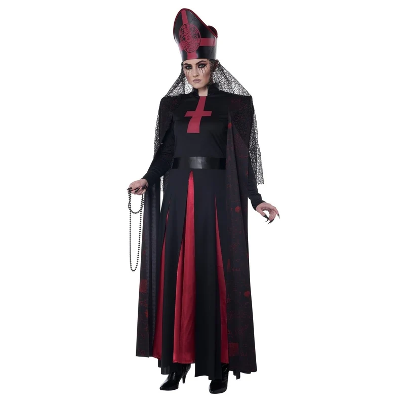 Occult Priestess Costumes for Adults, Red and Black Dress with Shoulder Drapes