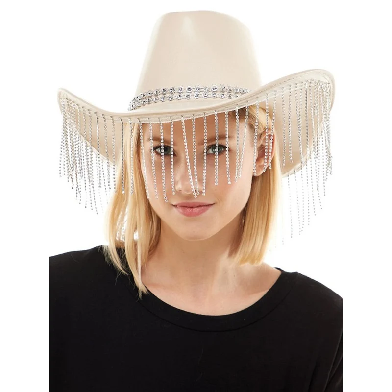 White Cowboy Hat with Fringe for Adults