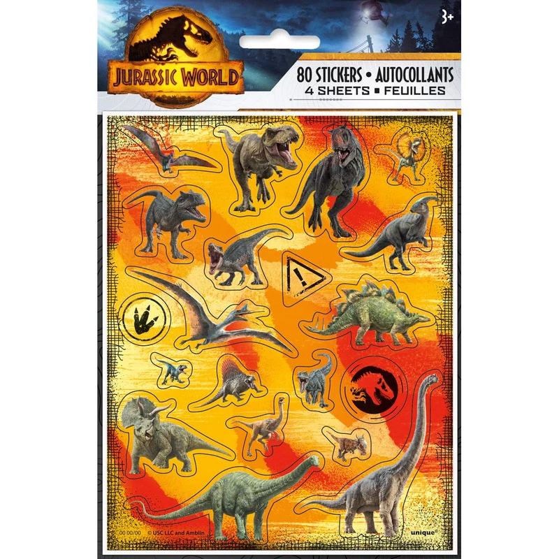 Jurassic World Sticker Sheets with Dinosaurs, 4 Count