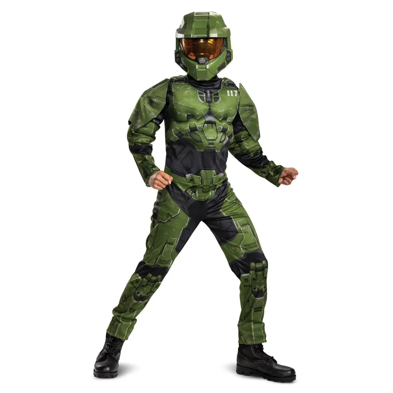 Master Chief Muscle Costume for Kids, Halo Infinite, Green and Black Jumpsuit