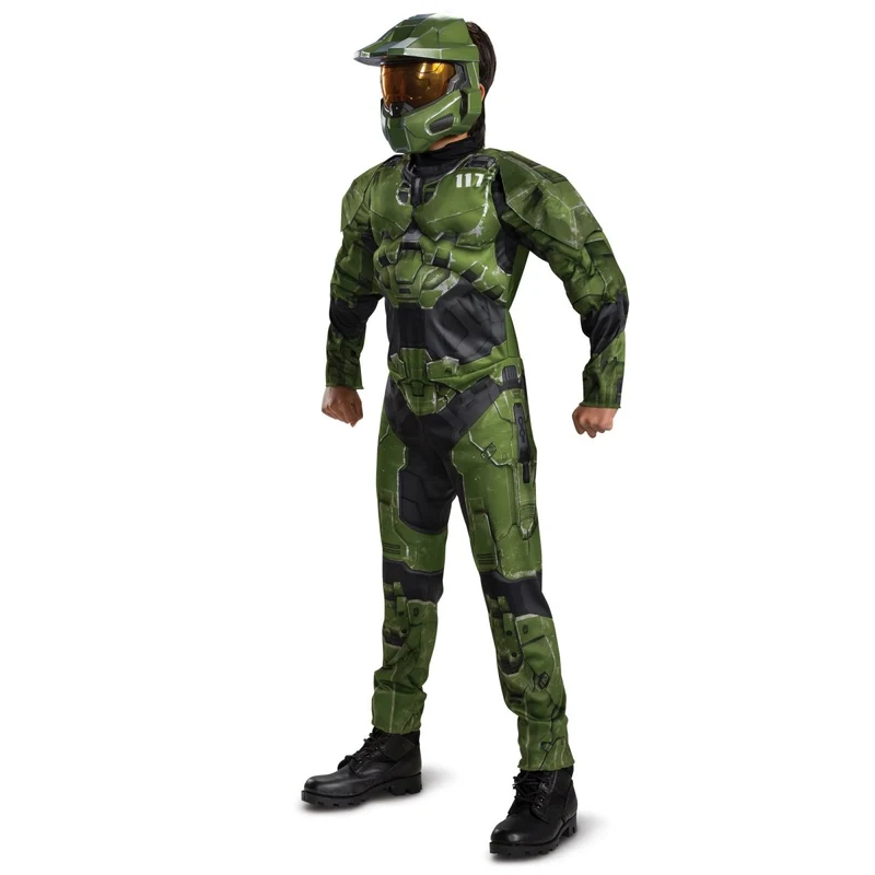 Master Chief Muscle Costume for Kids, Halo Infinite, Green and Black Jumpsuit