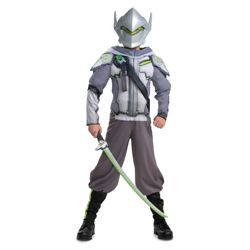 Overwatch 2 Genji Deluxe Muscle Costume for Kids, Grey Hooded Jumpsuit