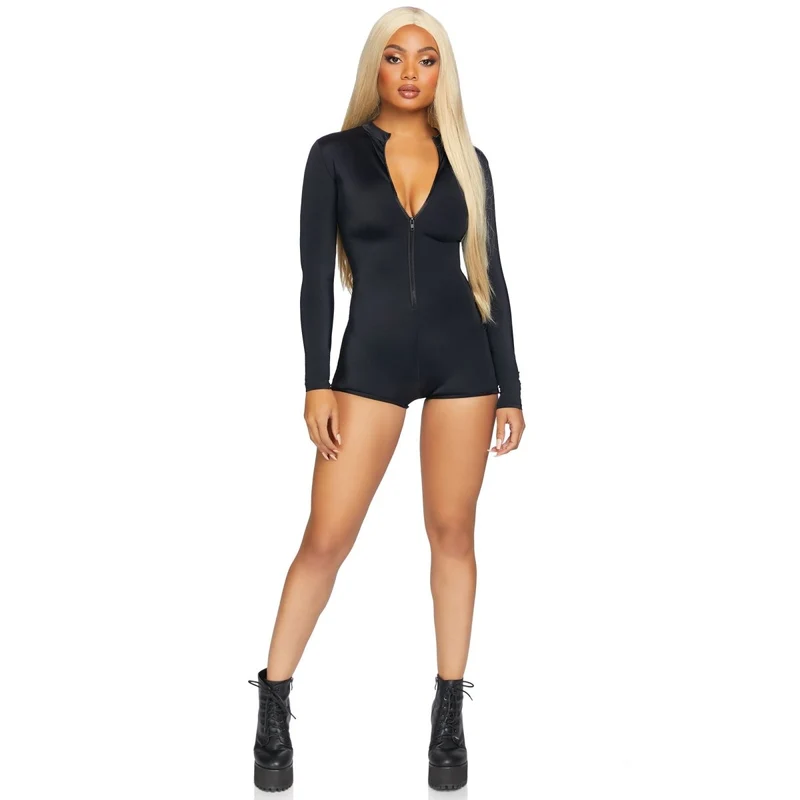 Zipper Front Long Sleeved Matte Romper for Adults