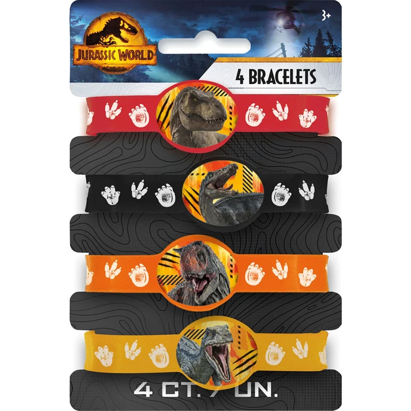 Jurassic World Silicon Stretchy Bracelets, Red, Black, Yellow and Orange, 4 Count
