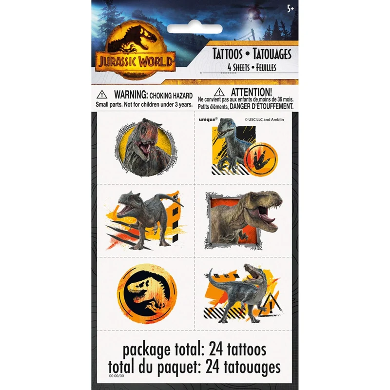 Jurassic World Temporary Tattoo Sheets with Dinosaurs, 4 Count