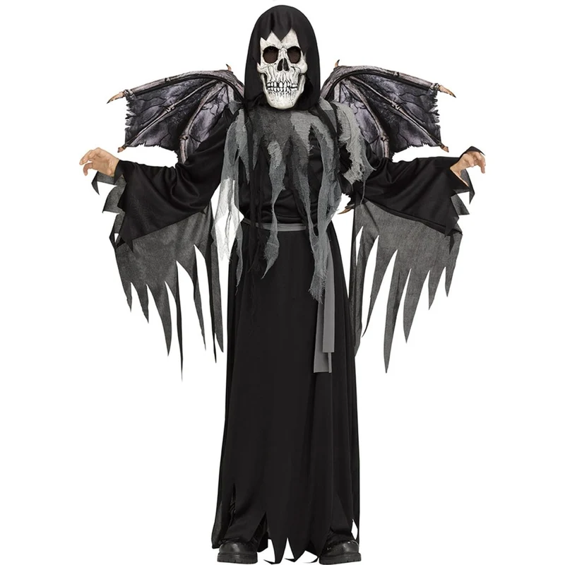 Winged Reaper Costume for Kids, Black Hooded Robe