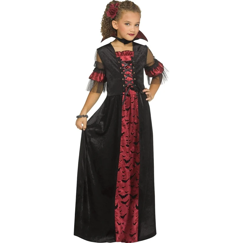 Victorian Vampiress Costume for Kids, Black and Red Long Dress