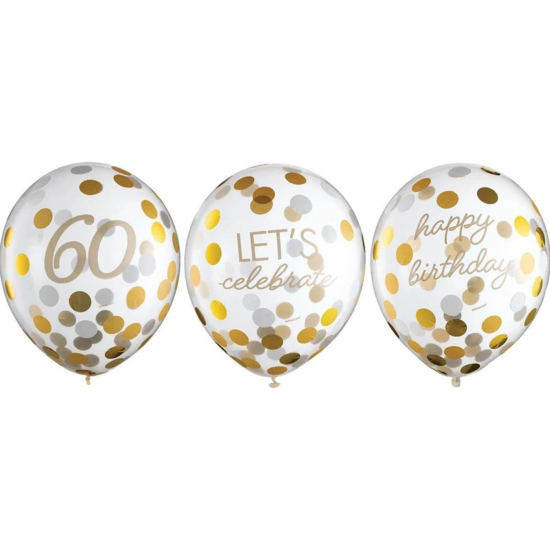 Golden Age Birthday, 60th Latex Confetti Balloons, 12 in, 6 Count