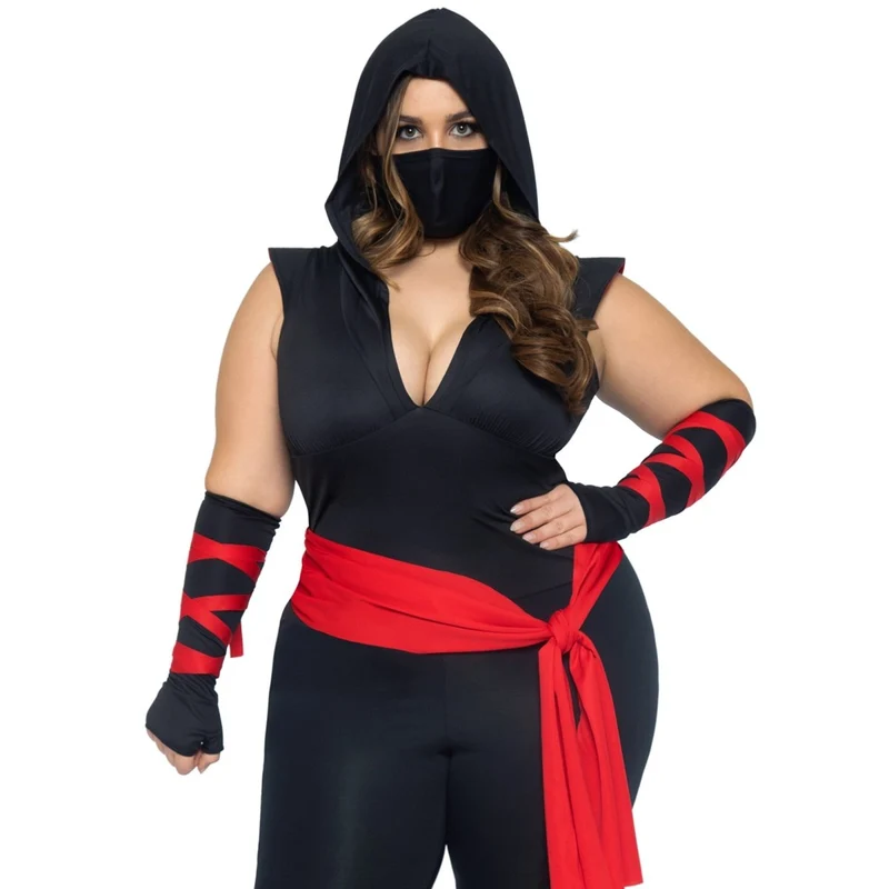 Deadly Ninja Plus Size Costume for Adults, Black and Red Jumpsuit