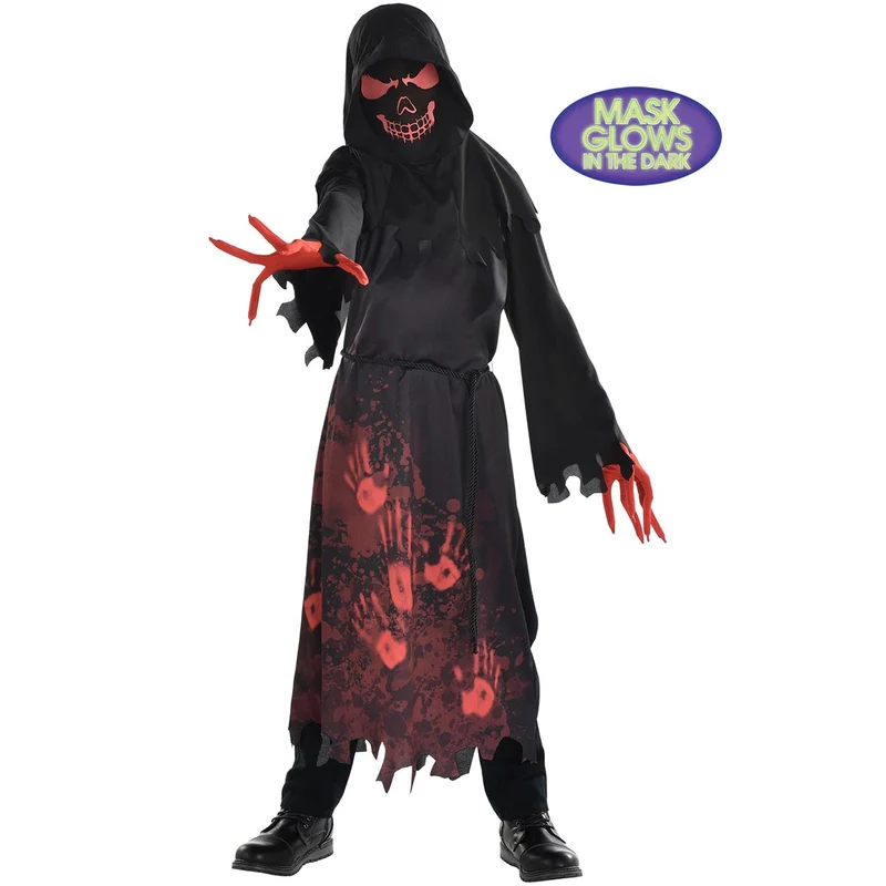 Hooded Horror Costume for Kids, Robe with Glow-in-Dark Mask