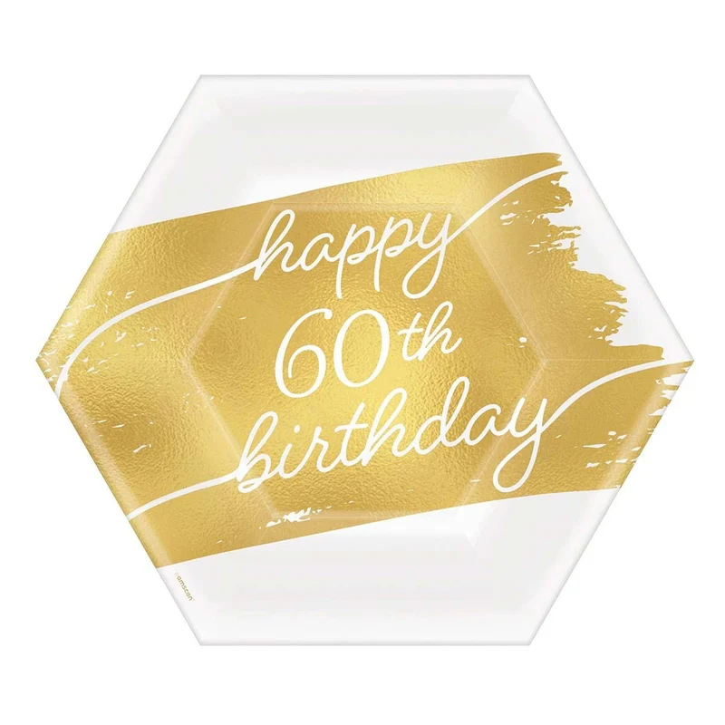 Golden Age Birthday, Happy 60th Birthday Hexagon Paper Dessert Plates, 7 in, 8 Count