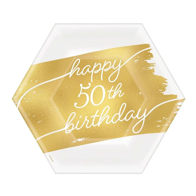 Golden Age Birthday, Happy 50th Birthday Hexagon Paper Dessert Plates, 7 in, 8 Count