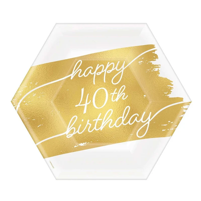 Golden Age Birthday, Happy 40th Birthday Hexagon Paper Dessert Plates, 7 in, 8 Count