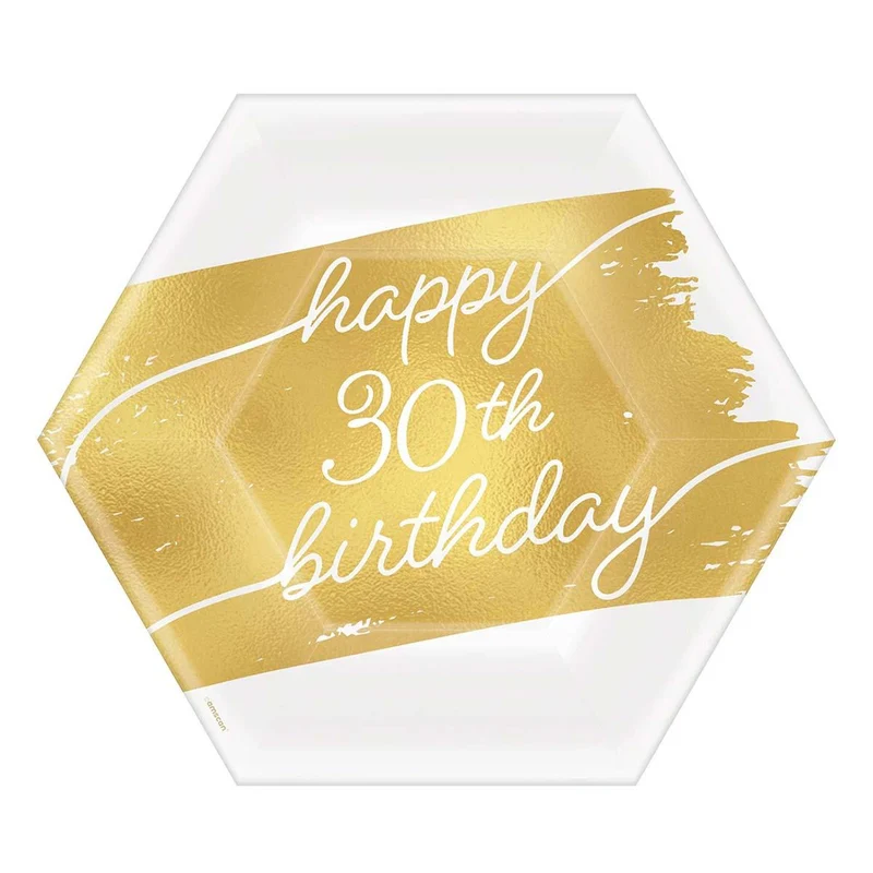 Golden Age Birthday, Happy 30th Birthday Hexagon Paper Dessert Plates, 7 in, 8 Count