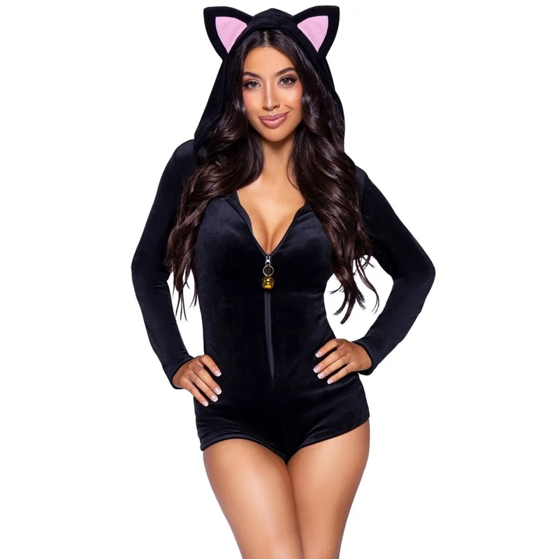 Ultra Soft Black Cat Sexy Costume for Adults, Black Romper