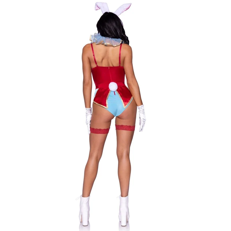 White Rabbit Sexy Costume for Adults, Blue and Red Bodysuit