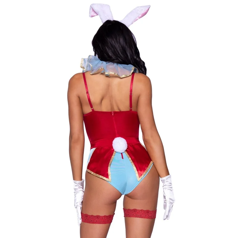 White Rabbit Sexy Costume for Adults, Blue and Red Bodysuit