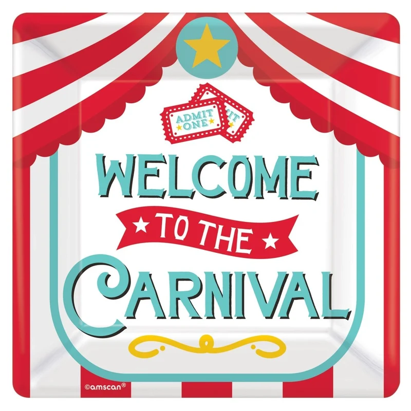 Carnival Birthday Party Small Square Dessert Paper Plates, 7 inches, 8 Count