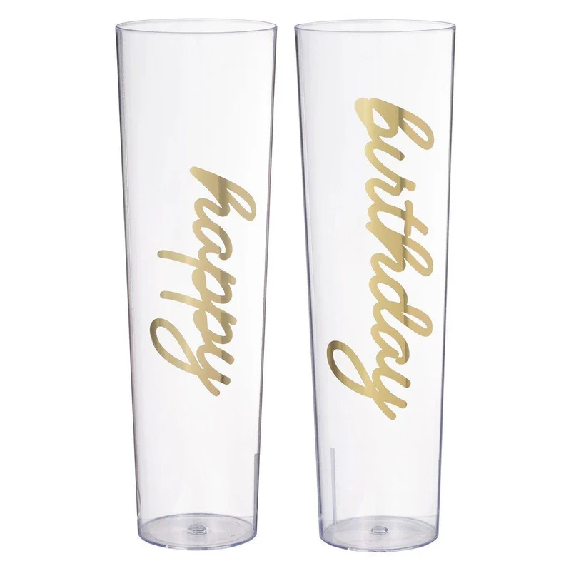 Golden Age Birthday, "Happy Birthday" Stemless Champagne Glasses, Plastic, 2 Count