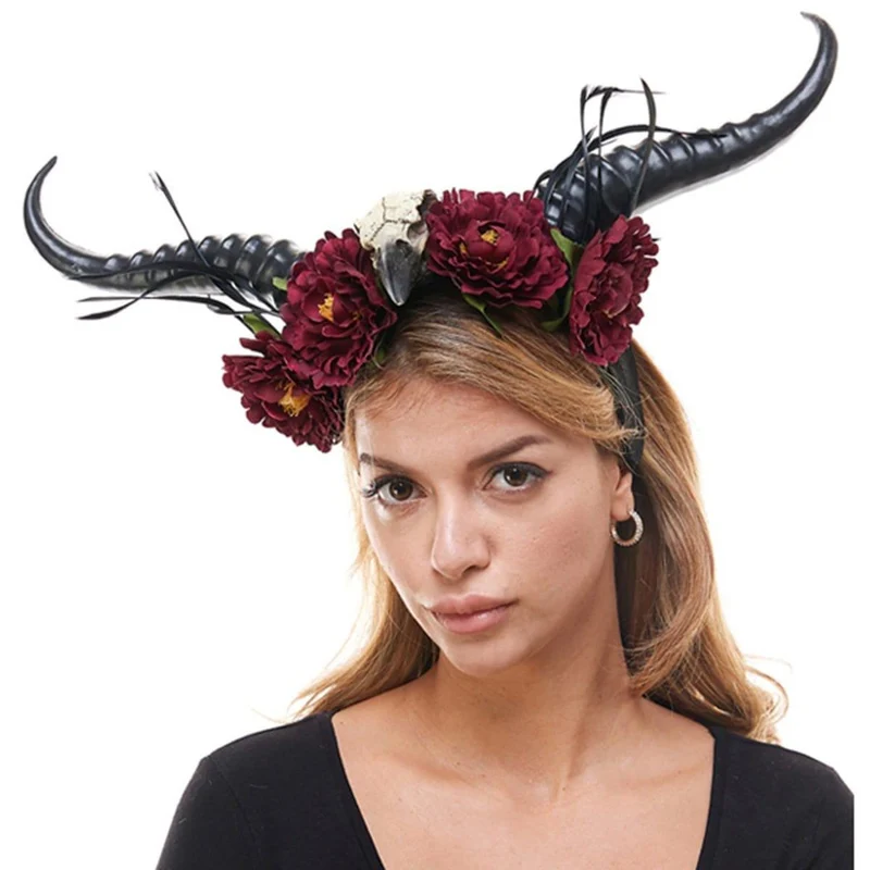Black & Red Horn Headpiece with Bird & Flower