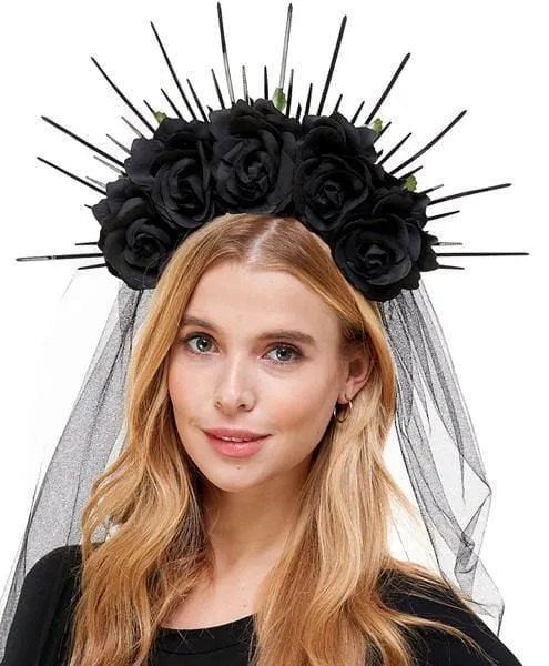 Black Headband with Veil, Roses & Stud for adults